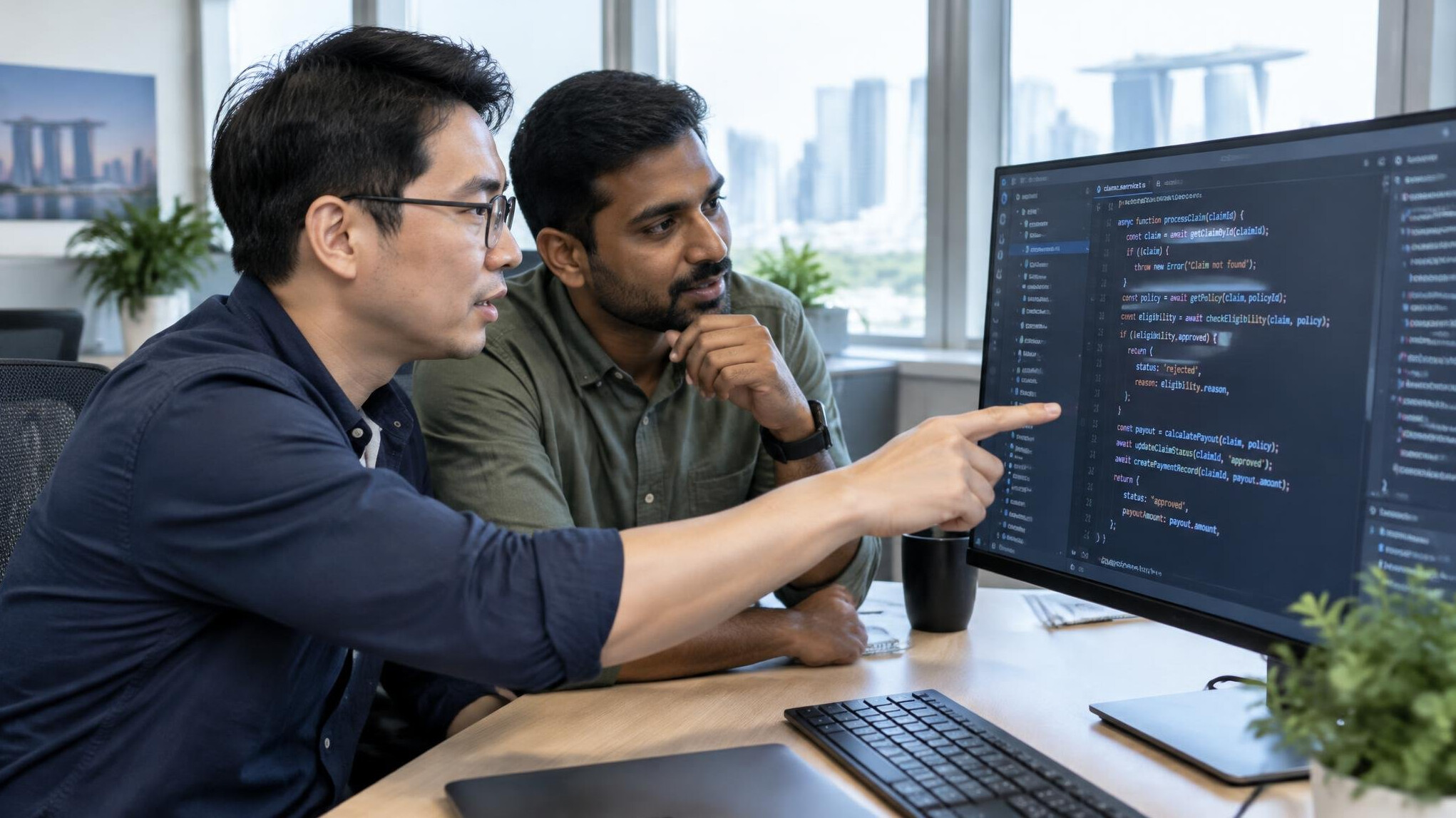 Two Singaporean software engineers reviewing insurance claims code together on a monitor