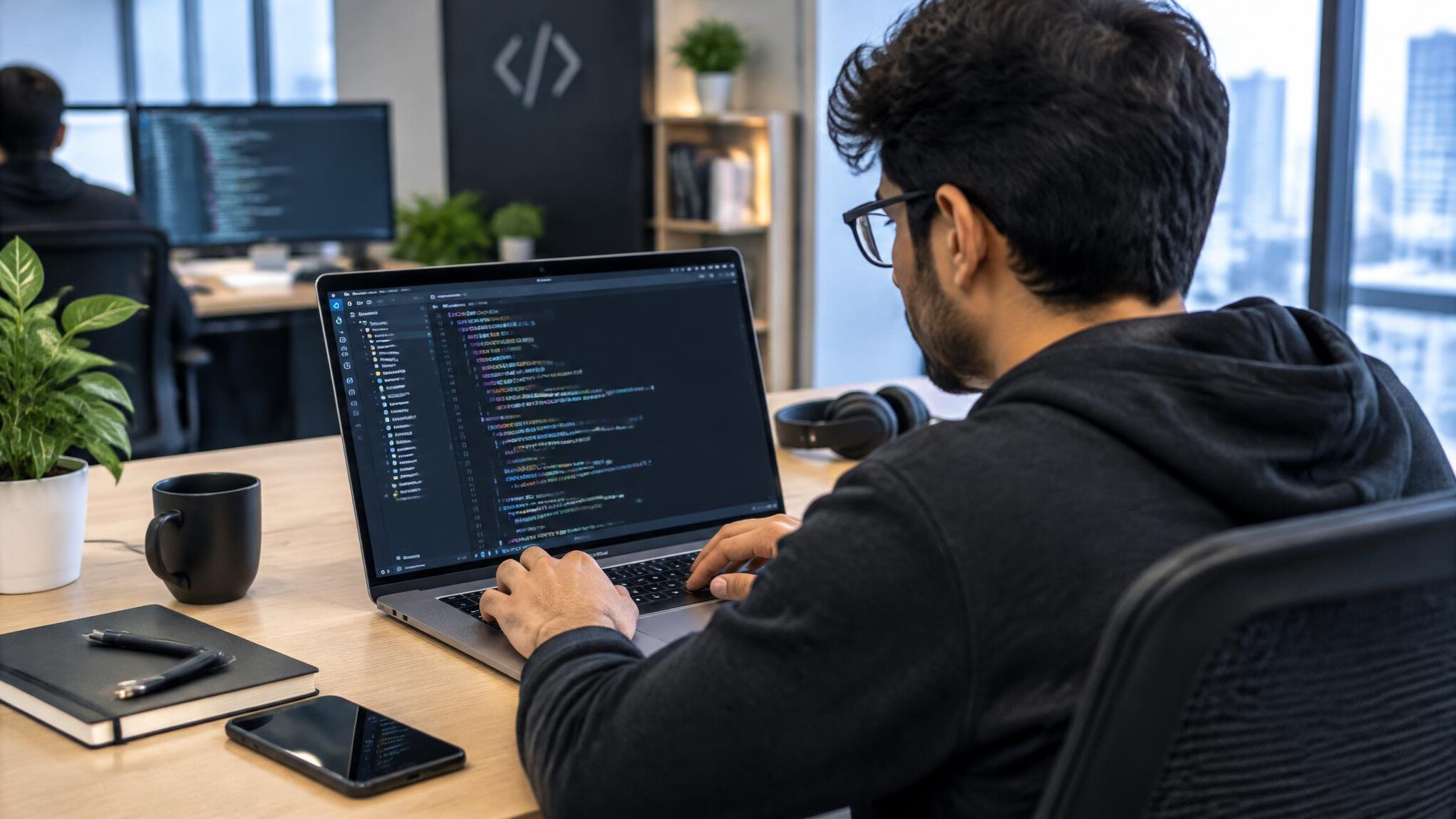 programmer coding on laptop