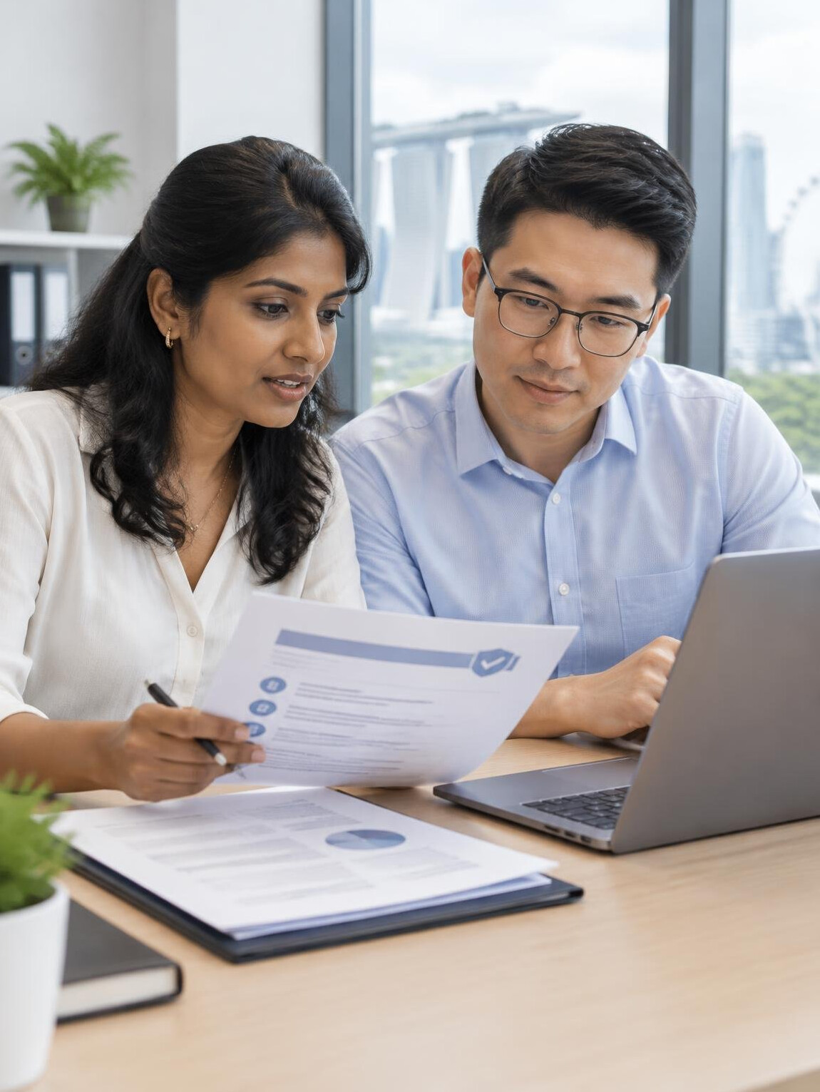 Two colleagues reviewing insurance compliance documents at a desk