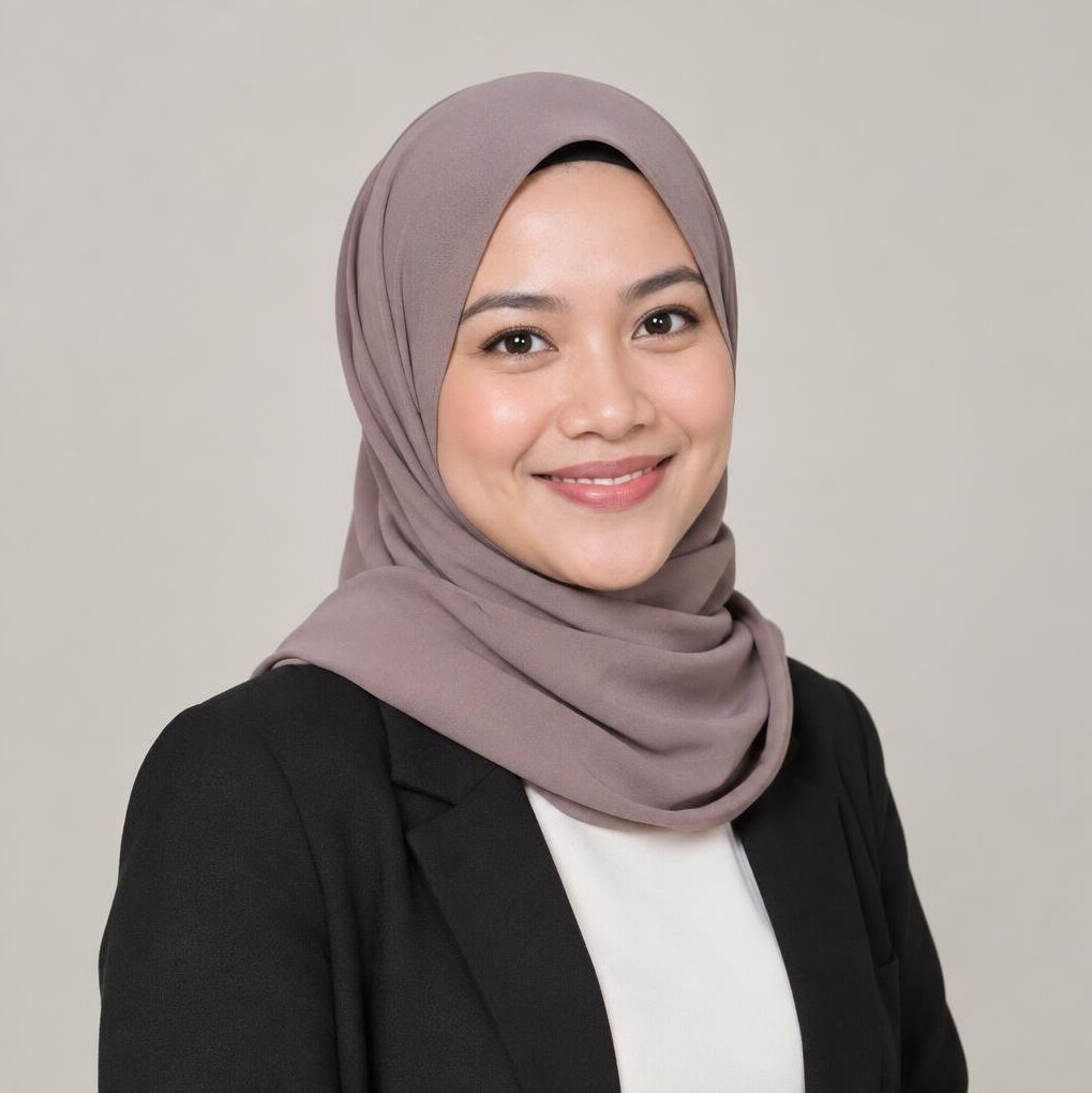 Studio portrait of a Singaporean Malay woman in business casual attire smiling