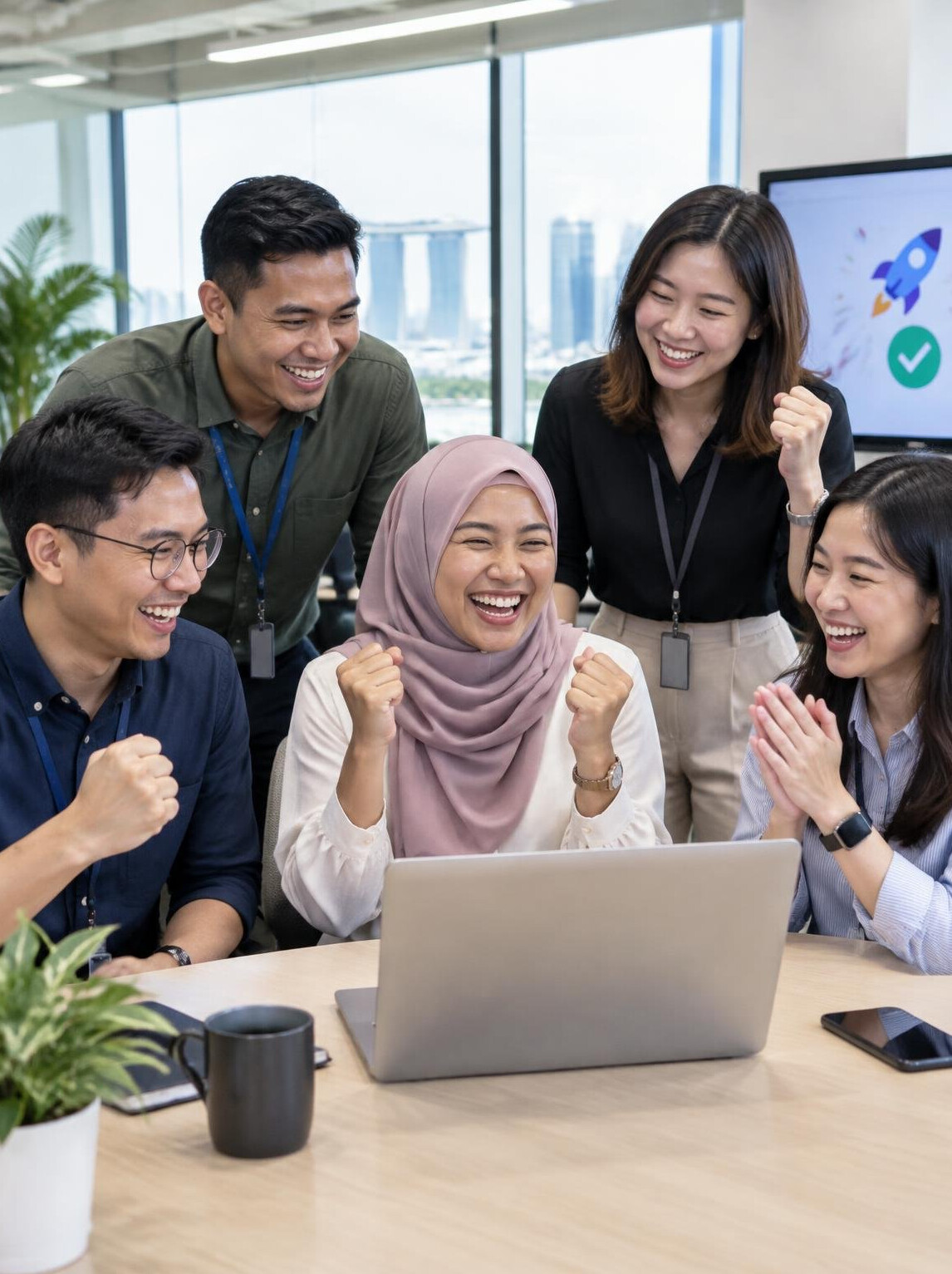 Small team of Singaporean colleagues celebrating a product launch in the office