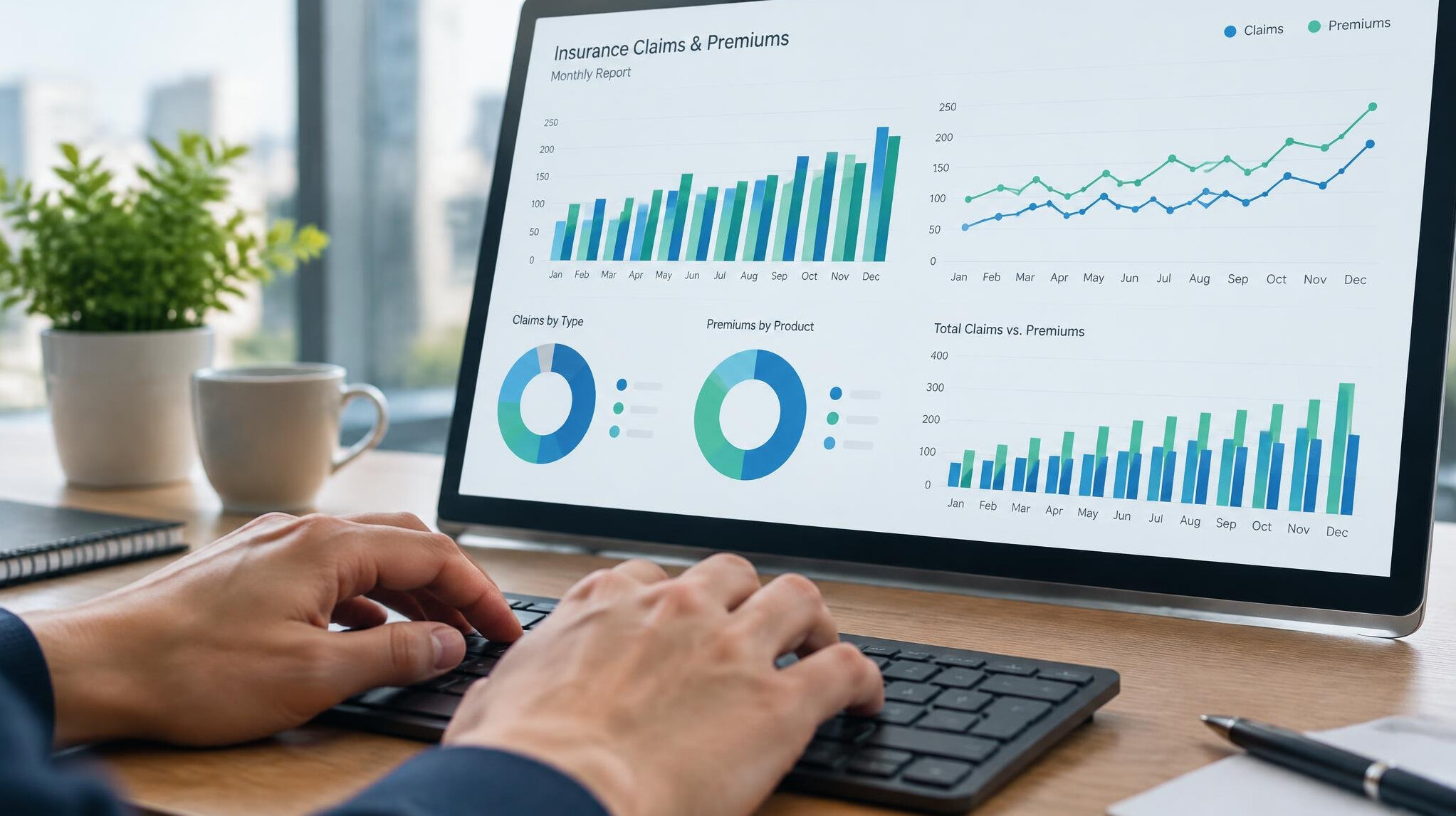 Hands typing on a keyboard with an insurance analytics report visible on screen